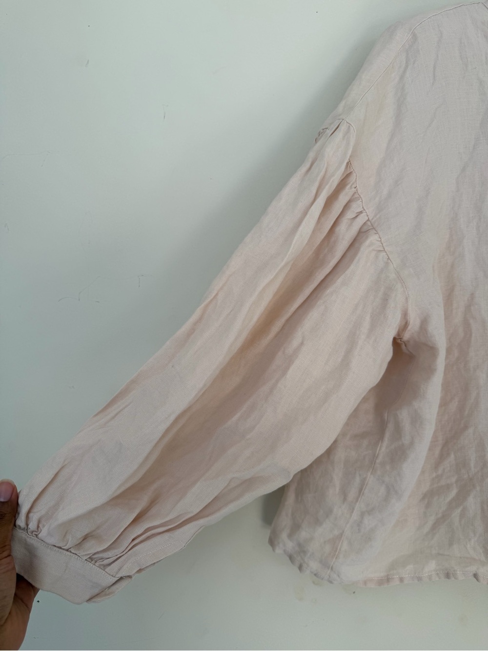 Son de Flor Pale Pink Tie-Neck Linen Blouse - Picture 3 of 5